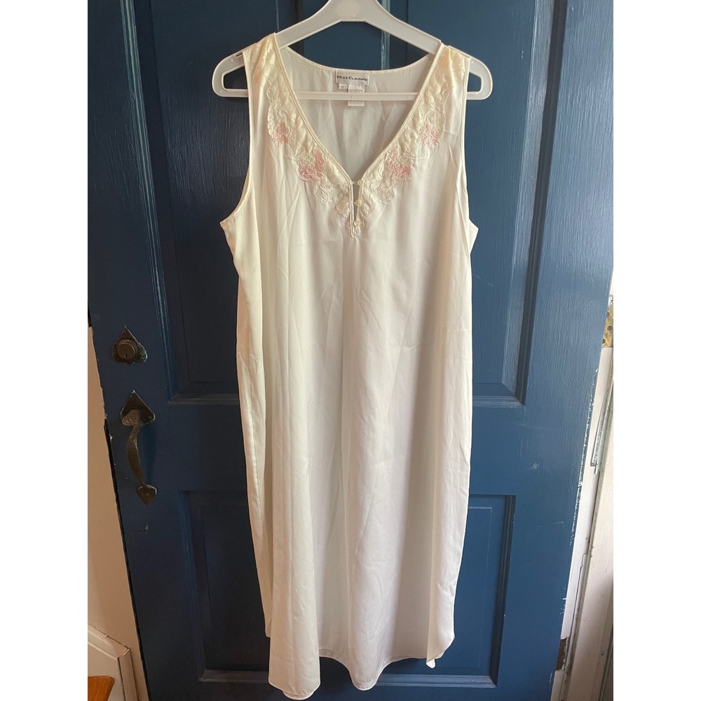 Vintage Nightgown White Satin Sleeveless Pink Floral‎ Lace V-Neck Large